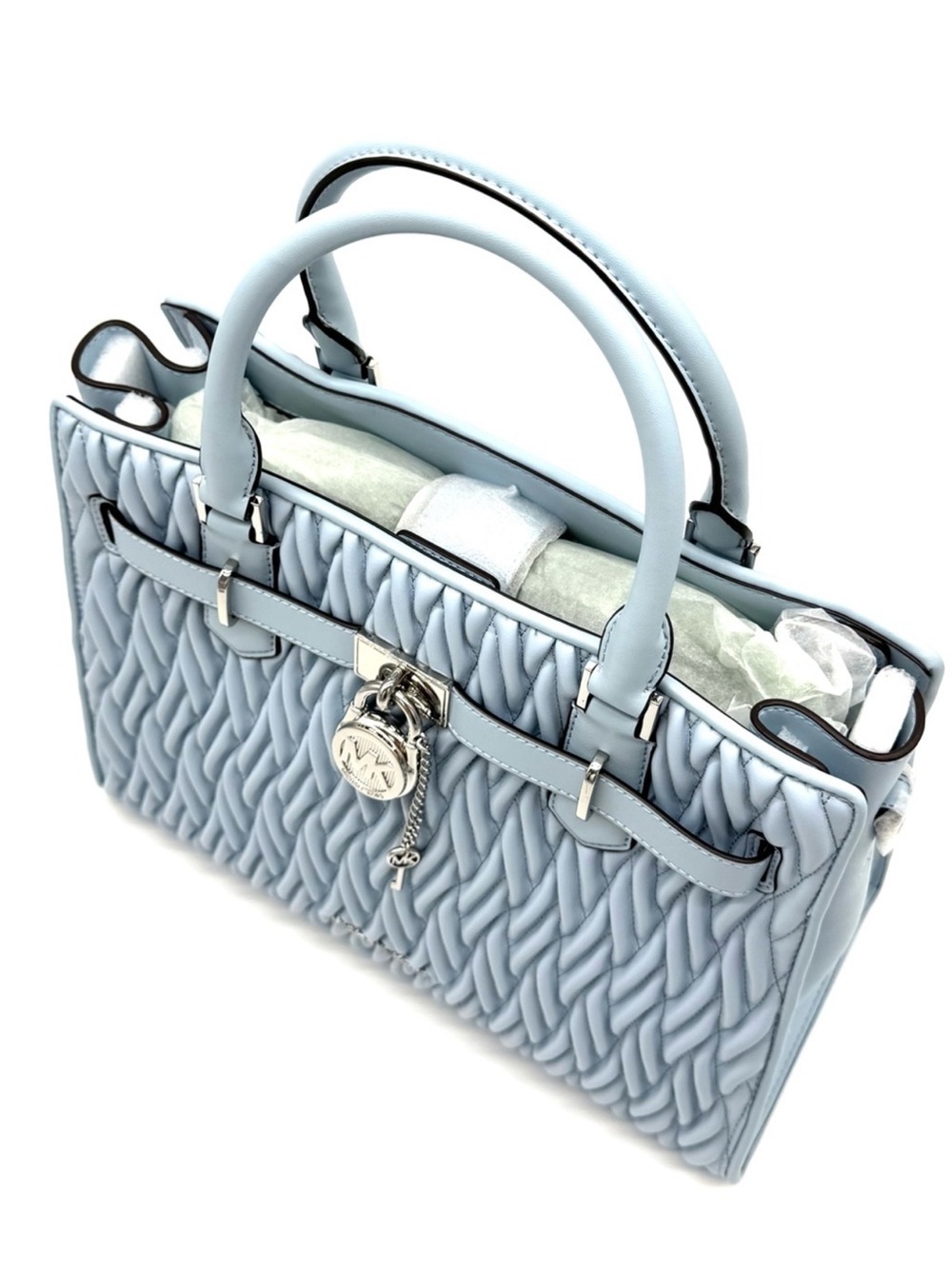 Michael Kors Hamilton Medium Matelassé Satchel Bag Pale Ocean - Picture 7 of 10